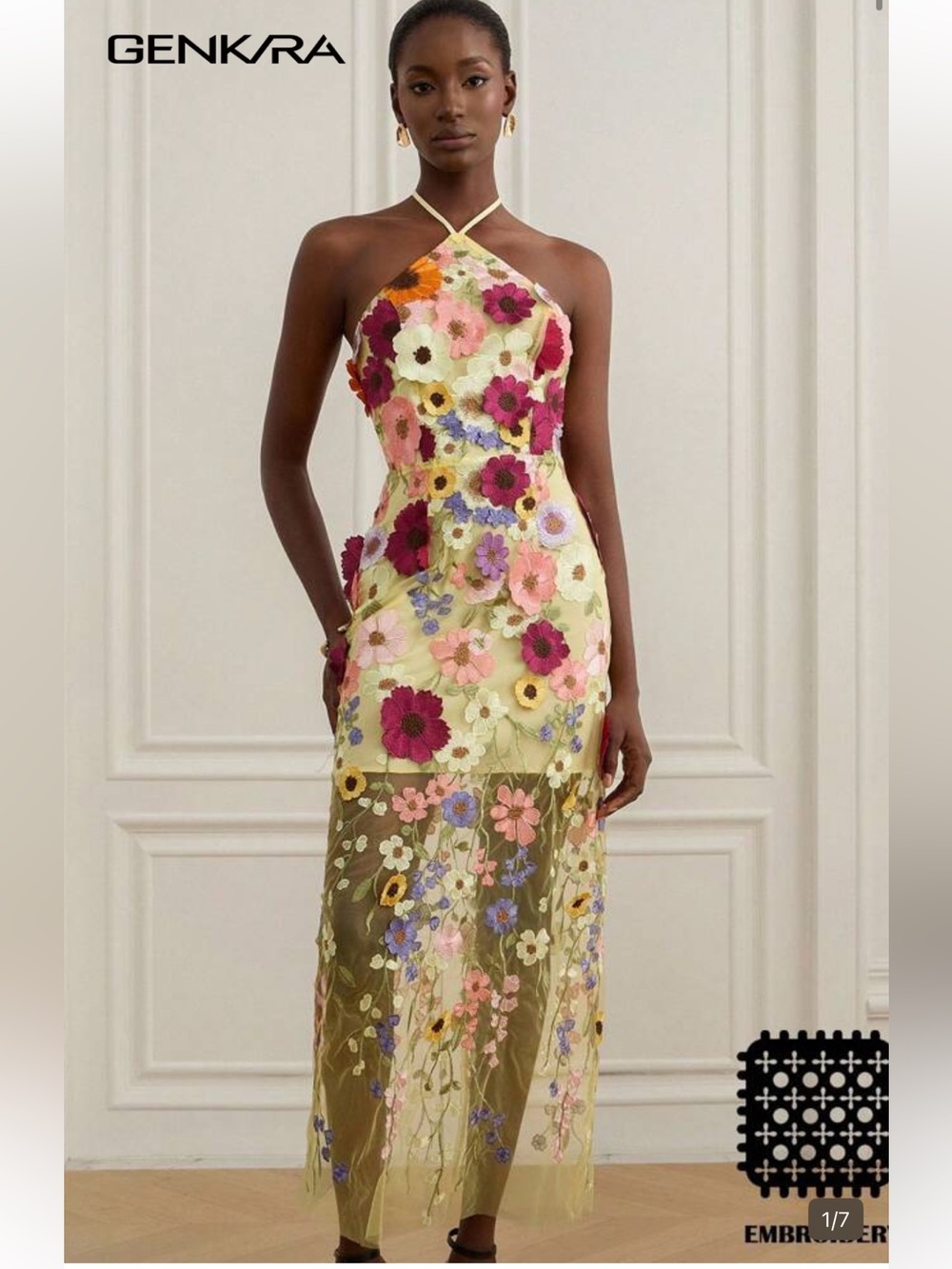 Floral Embroidered Halter Neck Maxi Dress in Yellow